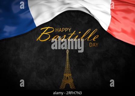 14 July Bastille day flyer, banner or poster. Holiday background with waving flag in man`s hand and map. Vector flat illustration. Stock Photo